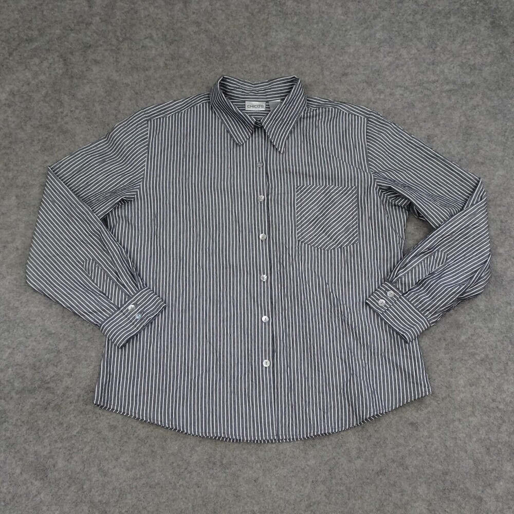 Chicos Shirt Womens 2 Regular Large L Gray Button Up Striped Top Casual Career